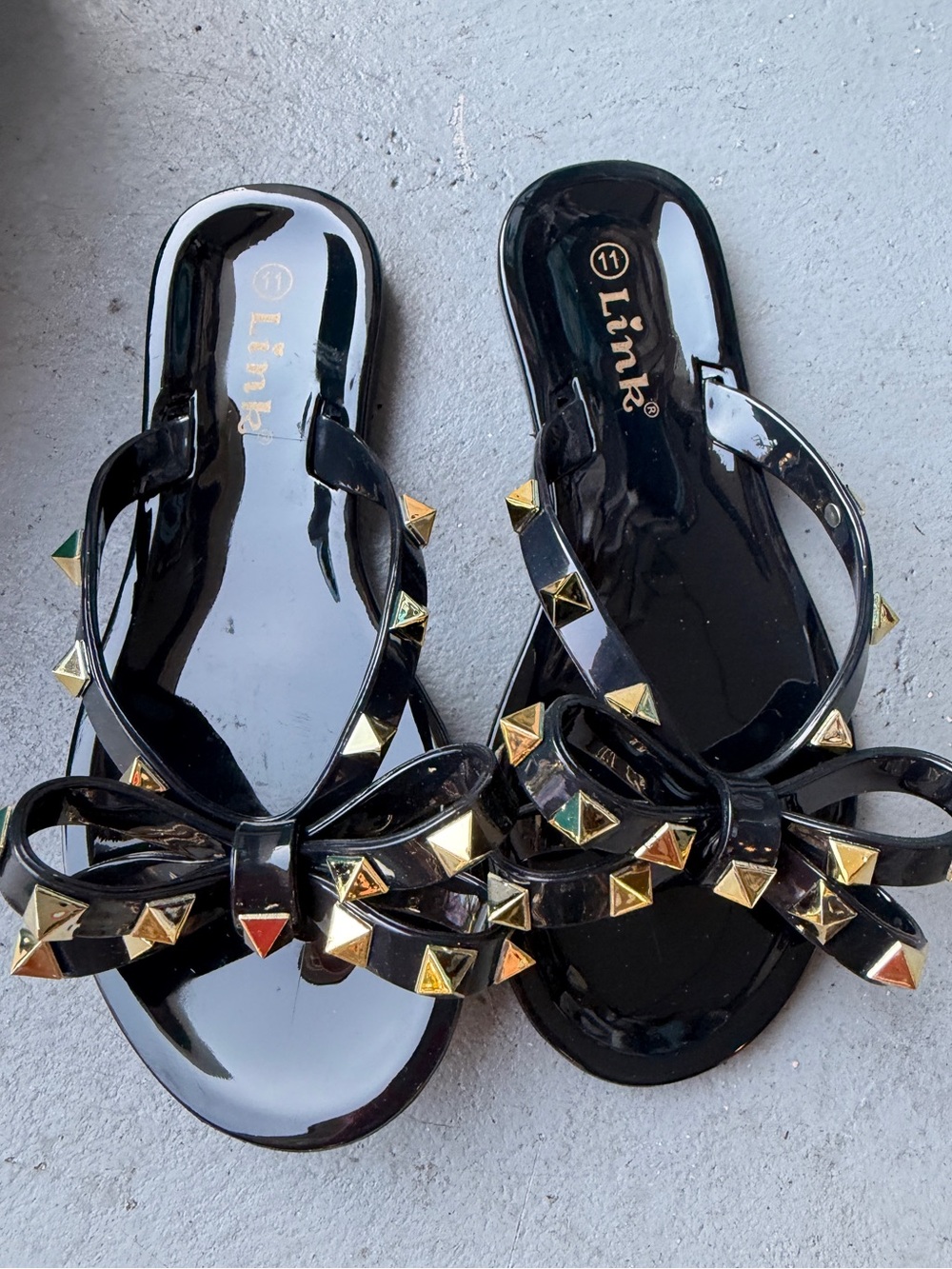 Link Black Patent Bow Flip Flops with Gold Pyramid Studs